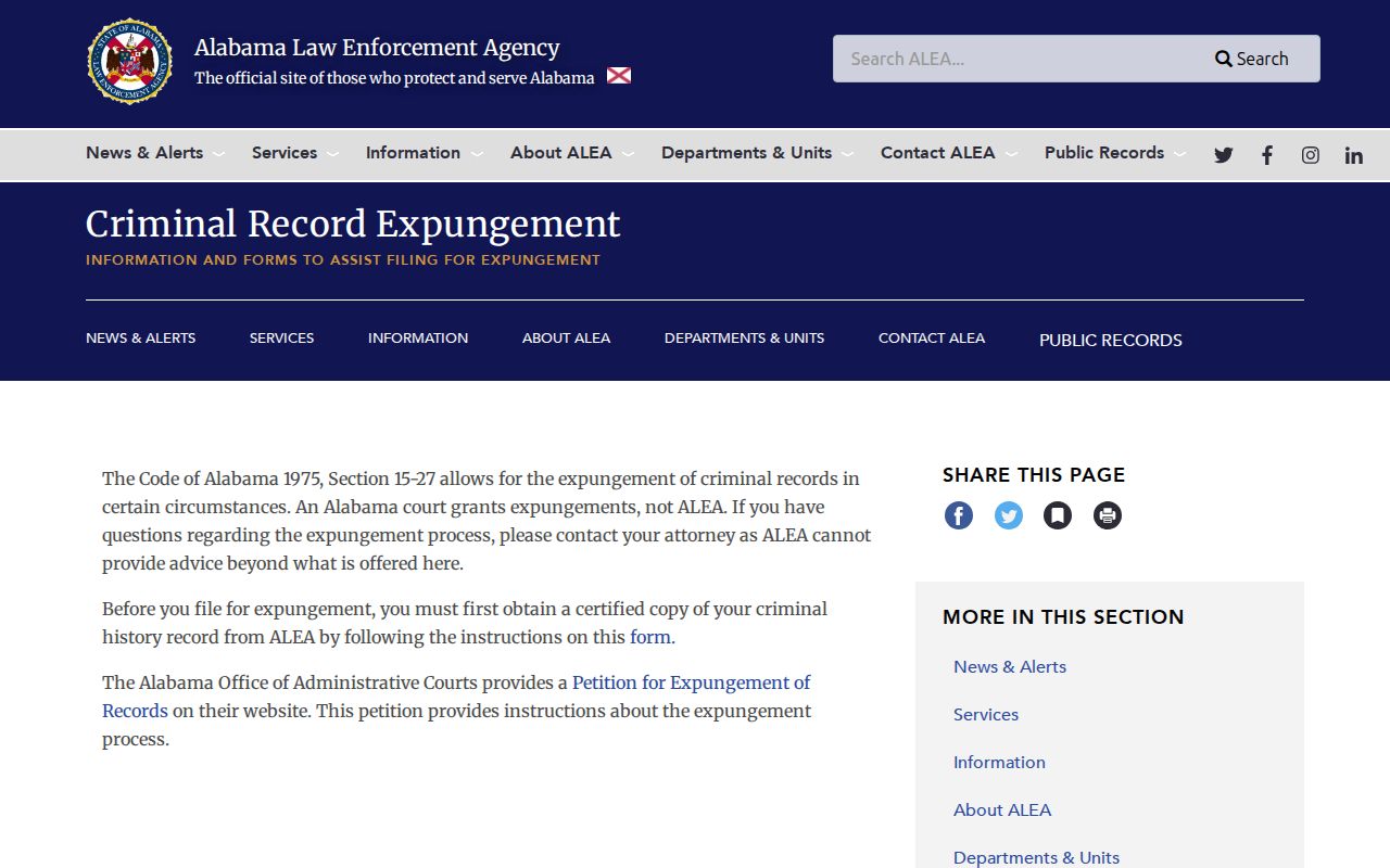 Houston County criminal court case expungement information from ALEA