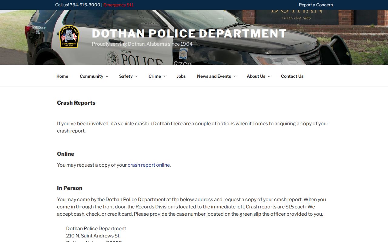 Dothan police crash report records instructions and fee