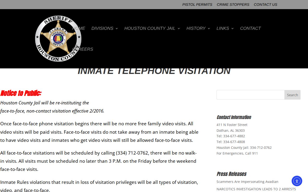 Houston County jail criminal record and visitation information